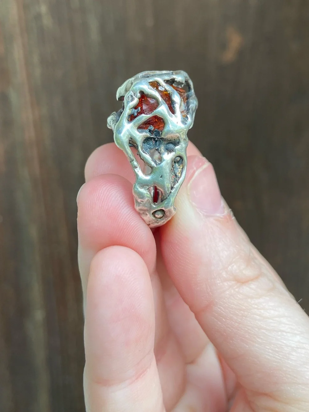 Sterling Silver Amber Brutalist Ring - Vintage